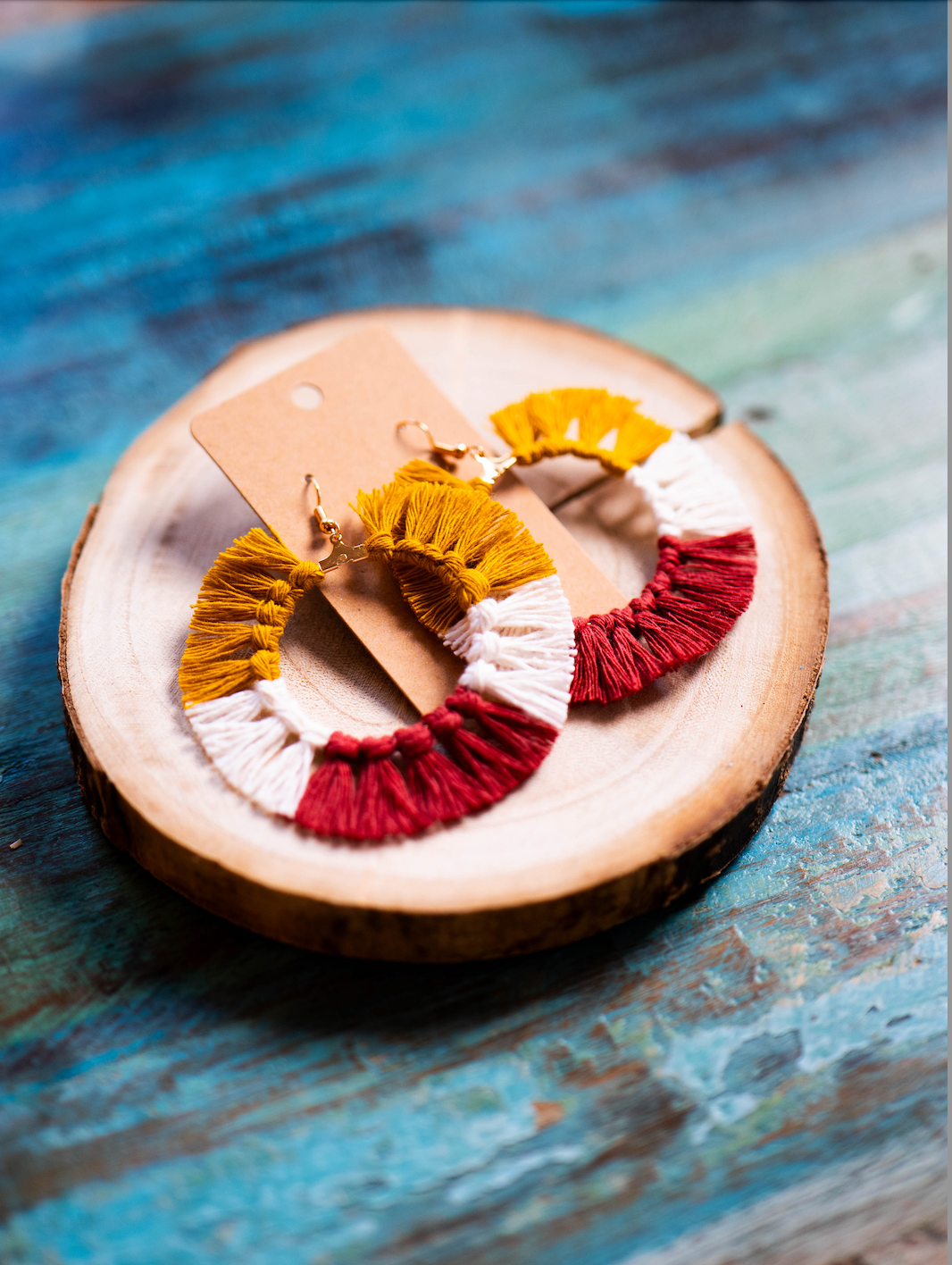 Macrame Earrings: Circle - White, Mustard & Maroon