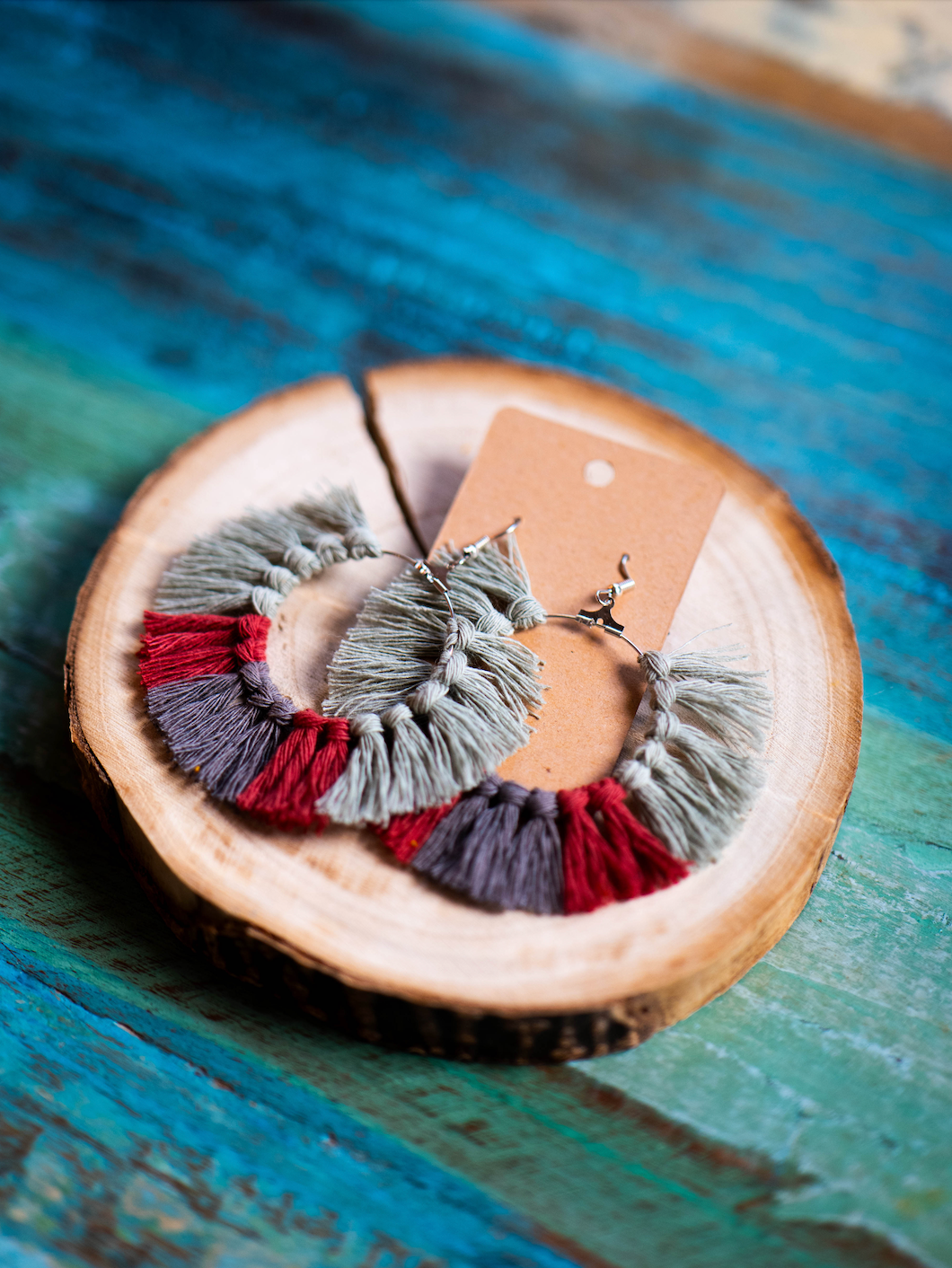 Macrame Earrings: Circle - Sage, Grey & Maroon