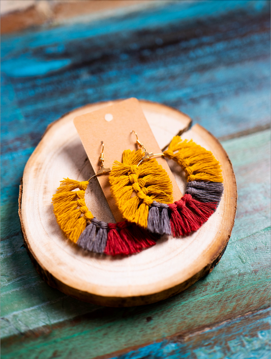 Macrame Earrings: Circle - Mustard, Grey & Maroon