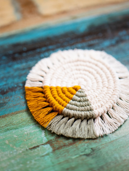 Macrame Coasters - White, Mustard & Sage