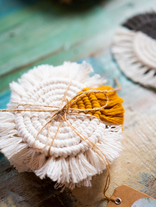 Macrame Coasters - White & Mustard