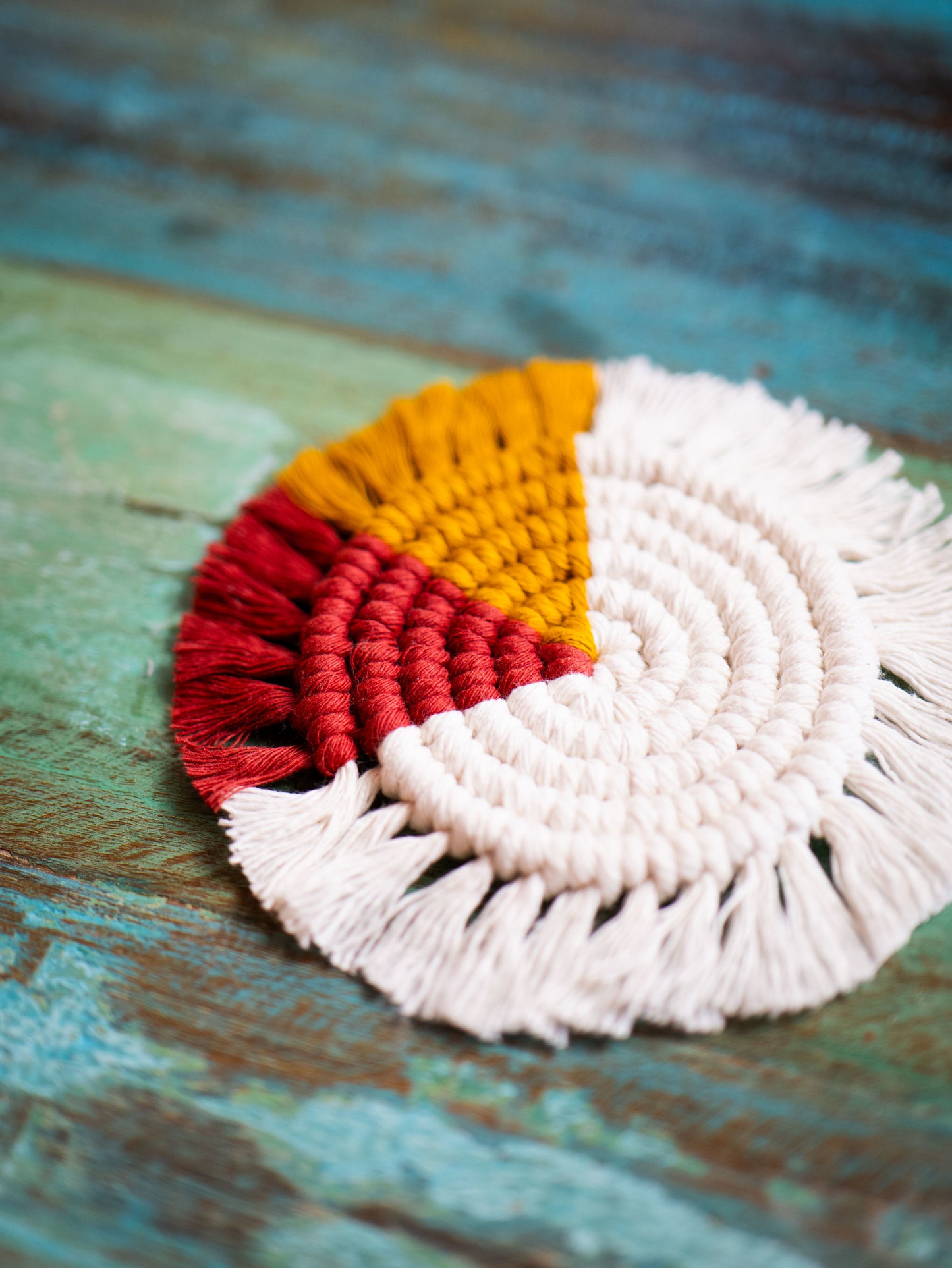 Macrame Coasters - White, Mustard & Maroon