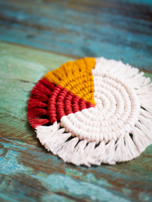 Macrame Coasters - White, Mustard & Maroon