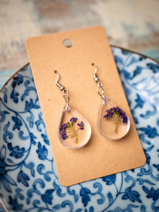 Garden Flower Earrings: Alyssum Purple Tear Drop #1